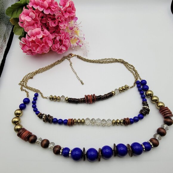 Royal Blue Multi Strand Wooden Bead Necklace Layered Gold Tone Statement 26" - Picture 1 of 8
